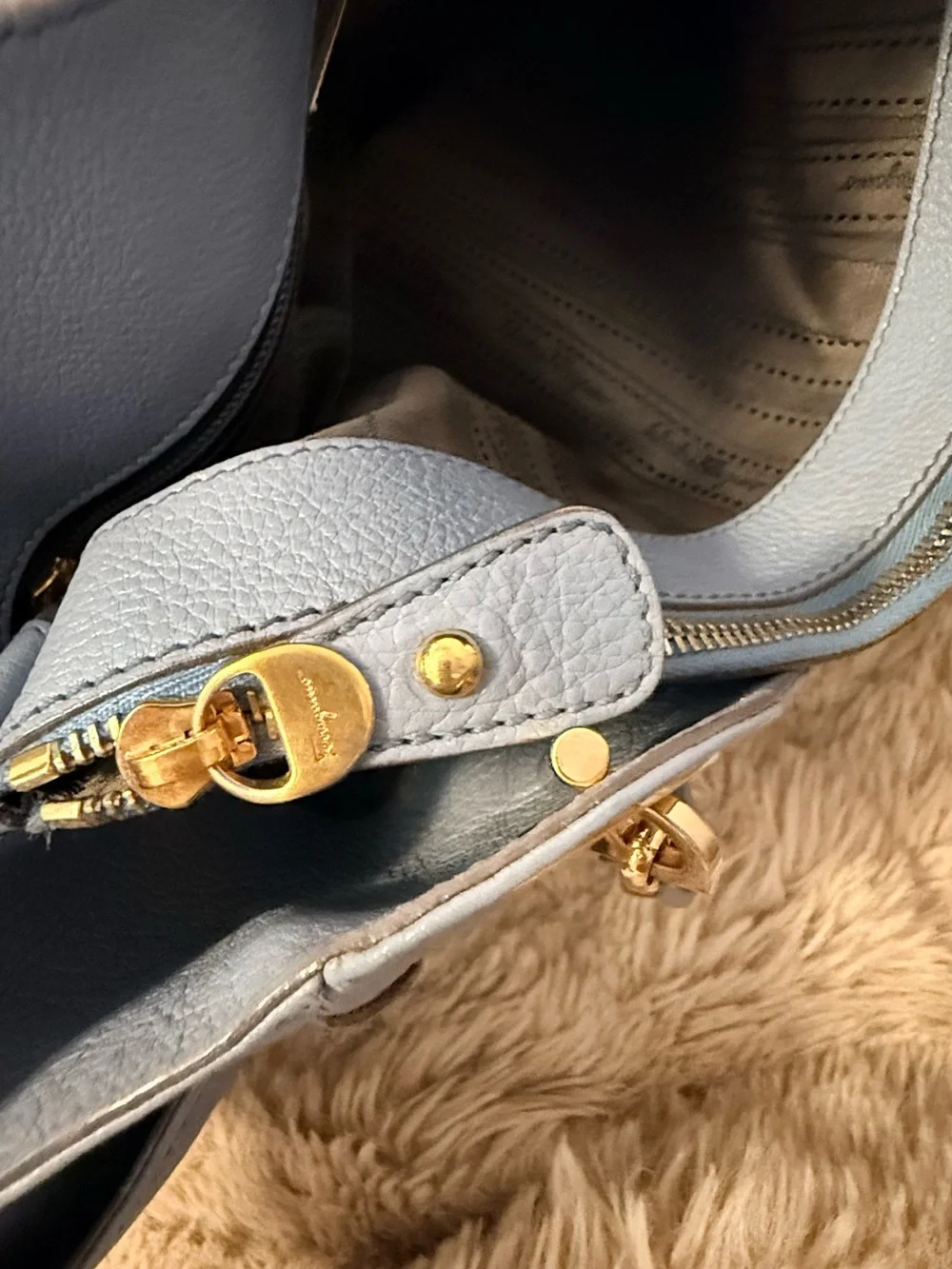 Light Blue Salvatore Ferragamo Leather Tote Bag with Gold Hardware